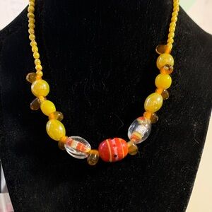 Yellow Beaded Glass Necklace with Red Accent